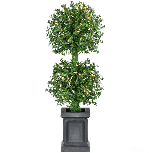 Fraser Hill Farm - 3-Ft. Boxwood 2-Ball Topiary with Black Pot and Warm White LED Lights