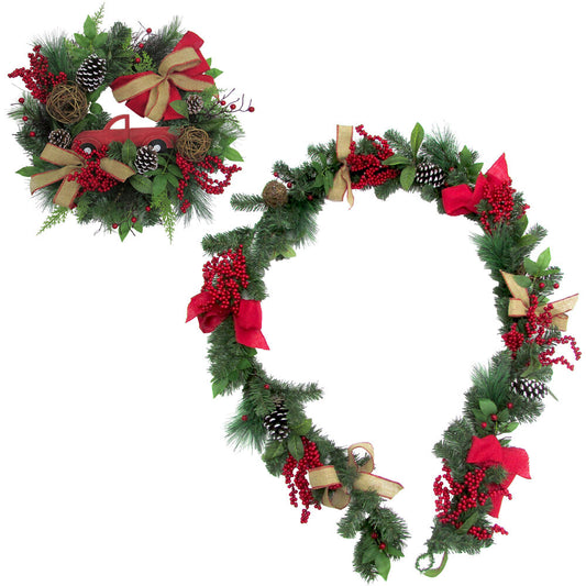 Fraser Hill Farm - 24-in. Wreath and 9-ft. Garland Set with Pinecones, Bows, and Berries