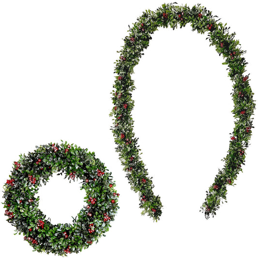 Fraser Hill Farm - Frosted Faux Boxwood 20-in. Wreath and 9-ft. Garland Set with Red Berries