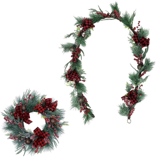 Fraser Hill Farm - Frosted 24-in. Wreath and 9-ft. Garland Set with Red Berries, Plaid Bows and Rustic Sleigh Bells