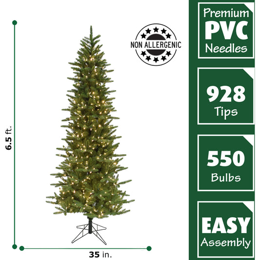 Fraser Hill Farm - 6.5 Ft. Carmel Pine Slim Artificial Christmas Tree with Warm White LED String Lighting