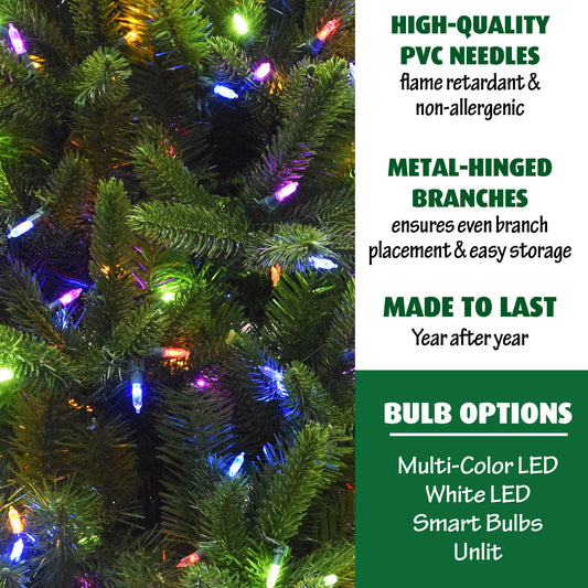 Fraser Hill Farm - 6.5 Ft. Carmel Pine Slim Artificial Christmas Tree with Multi-Color LED String Lighting