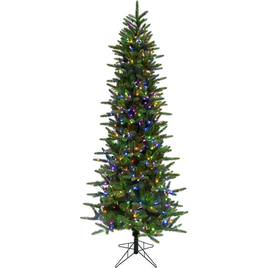 Fraser Hill Farm - 7.5 Ft. Carmel Pine Slim Artificial Christmas Tree with Multi-Color LED String Lighting