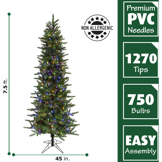 Fraser Hill Farm - 7.5 Ft. Carmel Pine Slim Artificial Christmas Tree with Multi-Color LED String Lighting