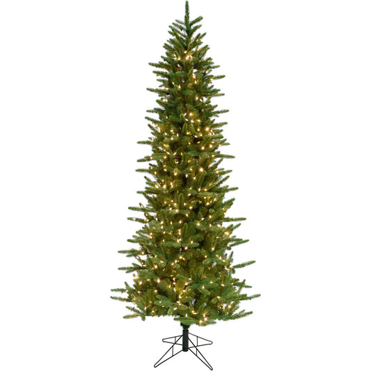 Fraser Hill Farm - 9 Ft. Carmel Pine Slim Artificial Christmas Tree with Warm White LED String Lighting