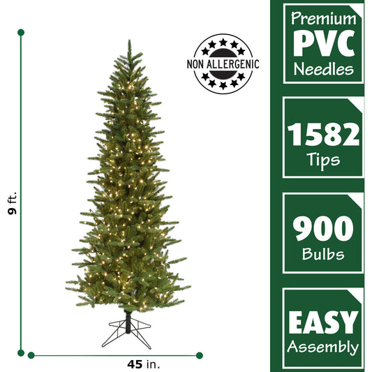 Fraser Hill Farm - 9 Ft. Carmel Pine Slim Artificial Christmas Tree with Warm White LED String Lighting