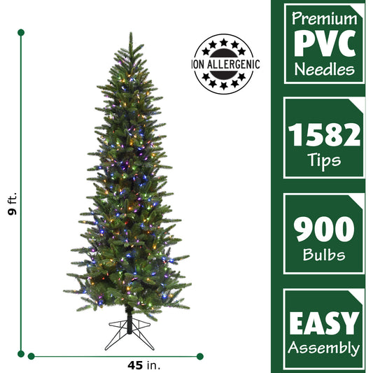 Fraser Hill Farm - 9 Ft. Carmel Pine Slim Artificial Christmas Tree with Multi-Color LED String Lighting