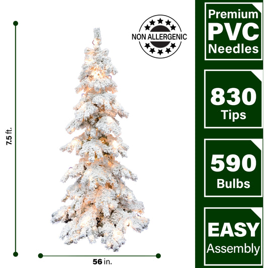 Fraser Hill Farm - 7.5-ft. Elk Mountain Snow Flocked Christmas Tree with Warm White Lights