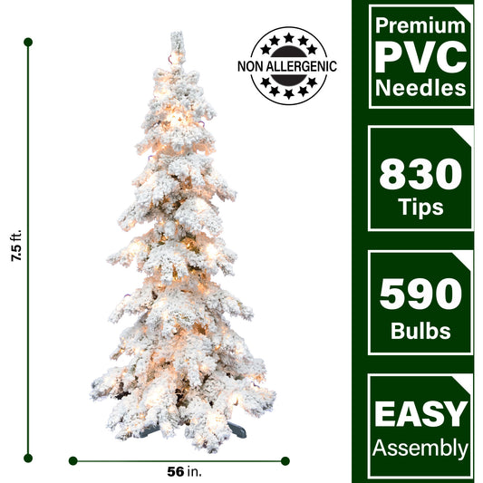 Fraser Hill Farm - 7.5-ft. Elk Mountain Snow Flocked Christmas Tree with Clear Lighting and a Rotating Stand