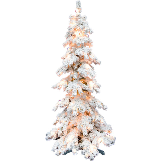 Fraser Hill Farm - 7.5-ft. Elk Mountain Snow Flocked Christmas Tree with Clear Lighting and a Rotating Stand