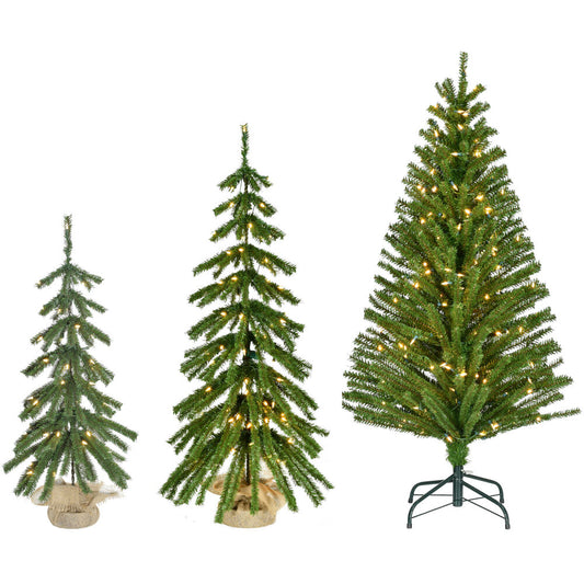 Fraser Hill Farm - Set of 3 Downswept Farmhouse Fir Trees with Warm White LED Lights (3-Ft., 4-Ft., & 5-Ft.)