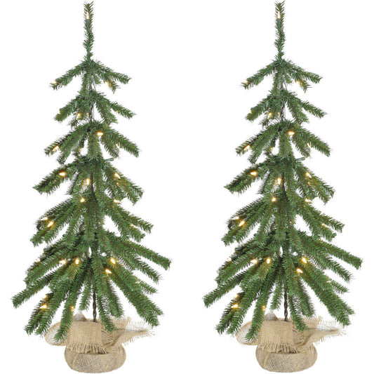 Fraser Hill Farm - 3-ft. Downswept Farmhouse Fir Christmas Tree with Burlap Bag and Warm White LED Lights, Set of 2