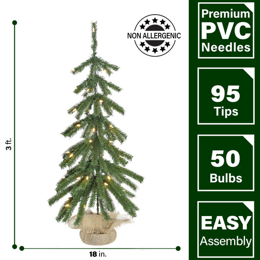 Fraser Hill Farm - 3-ft. Downswept Farmhouse Fir Christmas Tree with Burlap Bag and Warm White LED Lights, Set of 2