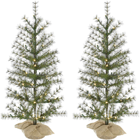 Fraser Hill Farm - 3-ft. Farmhouse Fir Christmas Tree with Burlap Bag and Warm White LED Lights, Set of 2