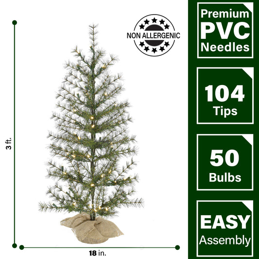 Fraser Hill Farm - 3-ft. Farmhouse Fir Christmas Tree with Burlap Bag and Warm White LED Lights, Set of 2