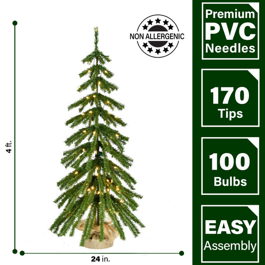 Fraser Hill Farm - 4-ft. Downswept Farmhouse Fir Christmas Tree with Burlap Bag and Warm White LED Lights, Set of 2