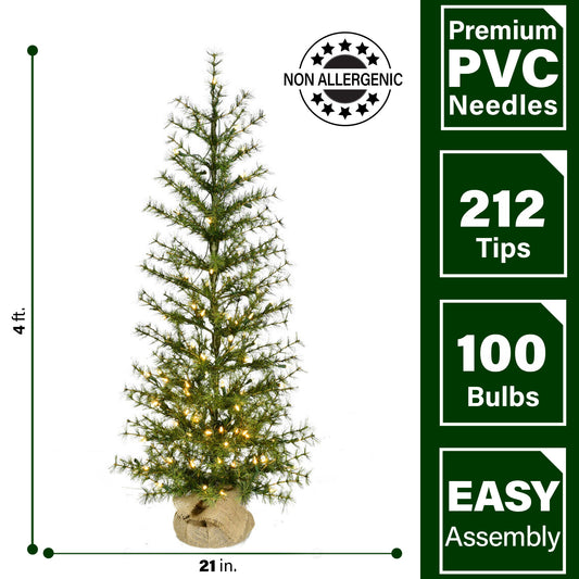Fraser Hill Farm - 4-ft. Farmhouse Fir Christmas Tree with Burlap Bag and Warm White LED Lights