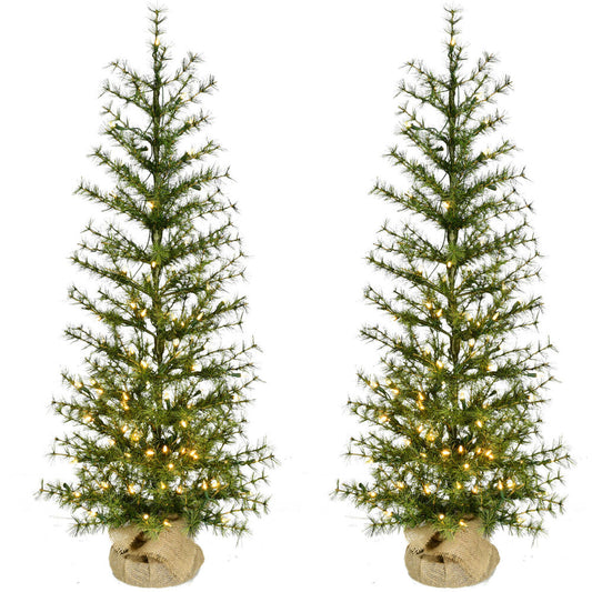 Fraser Hill Farm - 4-ft. Farmhouse Fir Christmas Tree with Burlap Bag and Warm White LED Lights, Set of 2