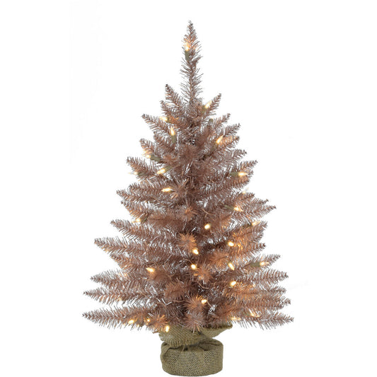 Fraser Hill Farm - 4-ft. Festive Tinsel Christmas Tree with Burlap Bag and Warm White LED Lights, Blush