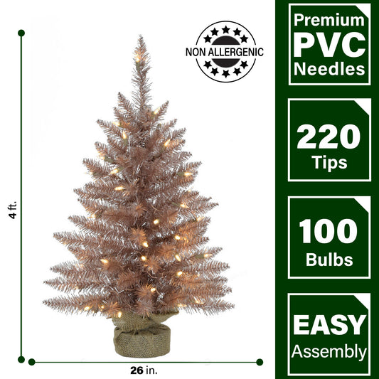 Fraser Hill Farm - 4-ft. Festive Tinsel Christmas Tree with Burlap Bag and Warm White LED Lights, Blush