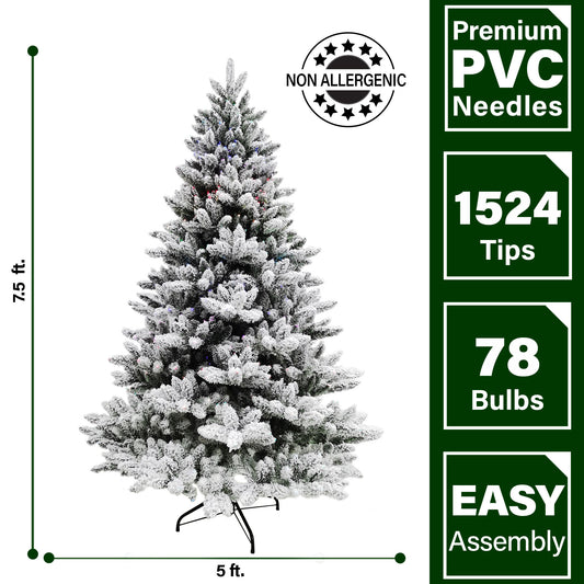 Fraser Hill Farm - Indoor 7.5-Ft Snow Flocked Fiber Optic Prelit Christmas Tree with Festive LED Dancing Lights