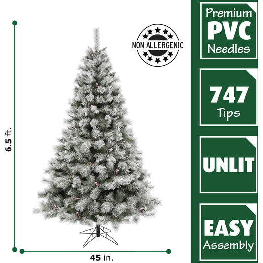 Fraser Hill Farm - 6.5-Ft Homestead Pine Frosted Christmas Tree with Pinecones and Berries and Metal Stand
