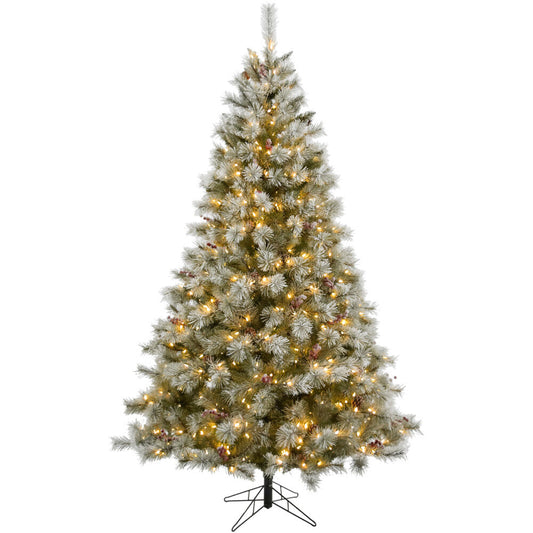 Fraser Hill Farm - 6.5-Ft Prelit Homestead Pine Frosted Christmas Tree with EZ Connect Warm White LED Lights, Pinecones, and Berries