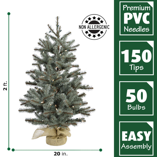 Fraser Hill Farm - Set of Two 2-Ft. Heritage Pine Artificial Trees with Burlap Bases and Battery-Operated LED String Lights