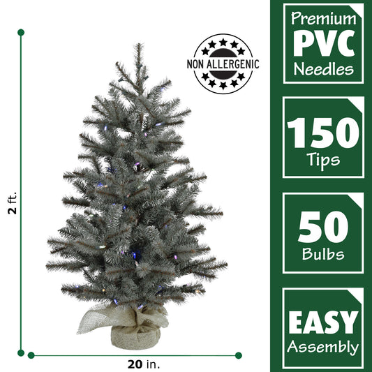 Fraser Hill Farm - Set of Two 2-Ft. Heritage Pine Artificial Trees with Burlap Bases and Battery-Operated Multi-Colored LED String Lights