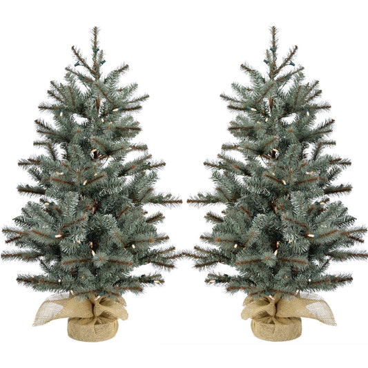 Fraser Hill Farm - Set of Two 3-Ft. Heritage Pine Artificial Trees with Burlap Bases and LED String Lights