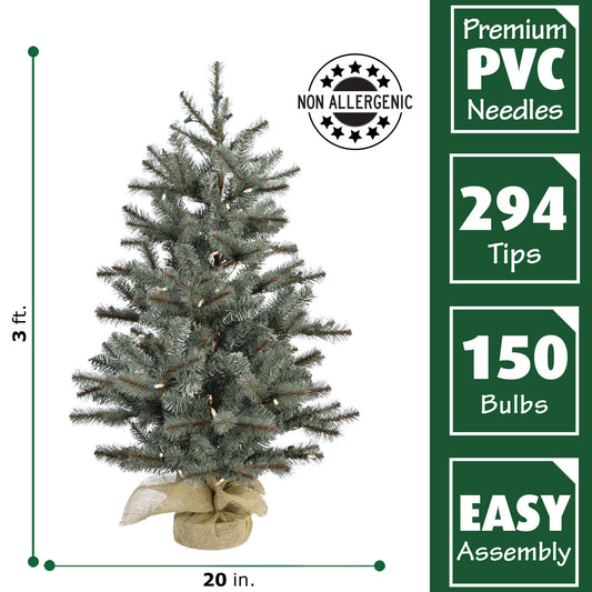Fraser Hill Farm - Set of Two 3-Ft. Heritage Pine Artificial Trees with Burlap Bases and LED String Lights