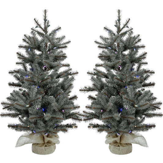 Fraser Hill Farm - Set of Two 3-Ft. Heritage Pine Artificial Trees with Burlap Bases and Multi-Colored LED String Lights
