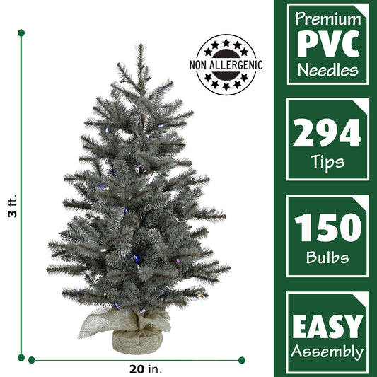 Fraser Hill Farm - Set of Two 3-Ft. Heritage Pine Artificial Trees with Burlap Bases and Multi-Colored LED String Lights