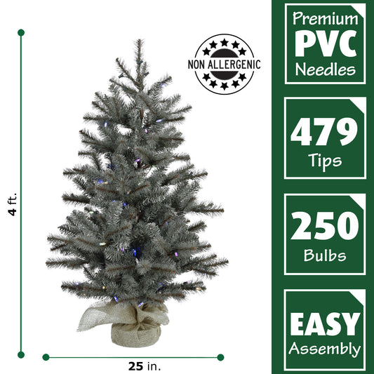 Fraser Hill Farm - Set of Two 4-Ft. Heritage Pine Artificial Trees with Burlap Bases and Multi-Colored LED String Lights
