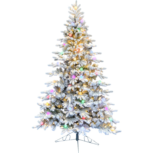 Fraser Hill Farm - 6.5-ft. Snowy Christmas Half Tree with Flock, Warm White LED, and Frosted G40 Multicolored Lighting