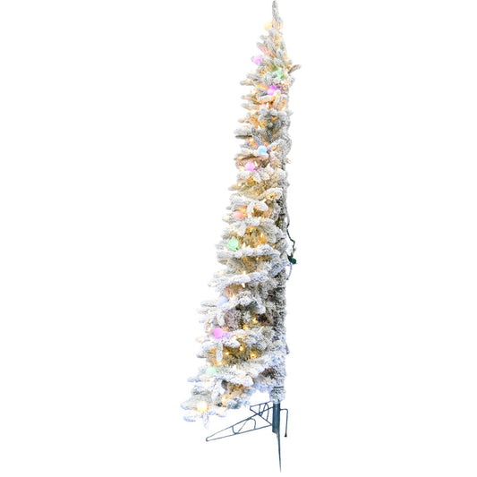Fraser Hill Farm - 6.5-ft. Snowy Christmas Half Tree with Flock, Warm White LED, and Frosted G40 Multicolored Lighting