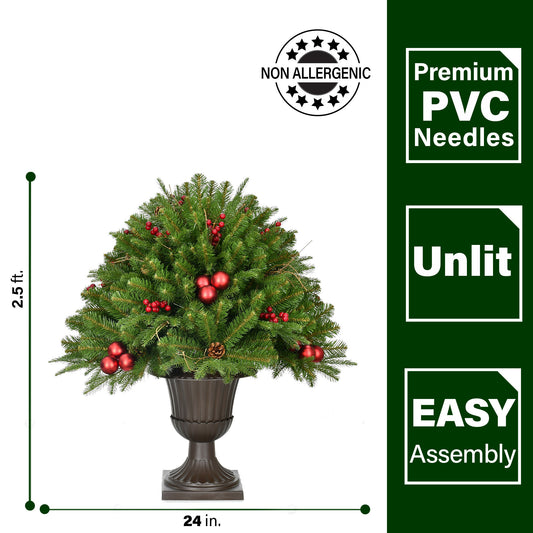 Fraser Hill Farm - 2.5-Ft. Joyful Porch Tree in Pedestal Urn with Pinecones, Berries, and Ornaments