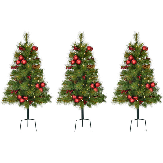 Fraser Hill Farm - Set of 3 2.5-Ft. Joyful Walkway Trees with Warm White LED Lights and Pinecones, Berries, and Ornaments