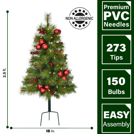Fraser Hill Farm - Set of 3 2.5-Ft. Joyful Walkway Trees with Warm White LED Lights and Pinecones, Berries, and Ornaments