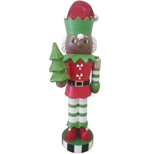 Fraser Hill Farm - 48-inch African American Elf Nutcracker Figurine Holding Tree in Red/Green