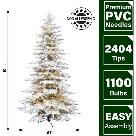 Fraser Hill Farm - 10-Ft. Flocked Mountain Pine Christmas Tree with Smart String Lighting