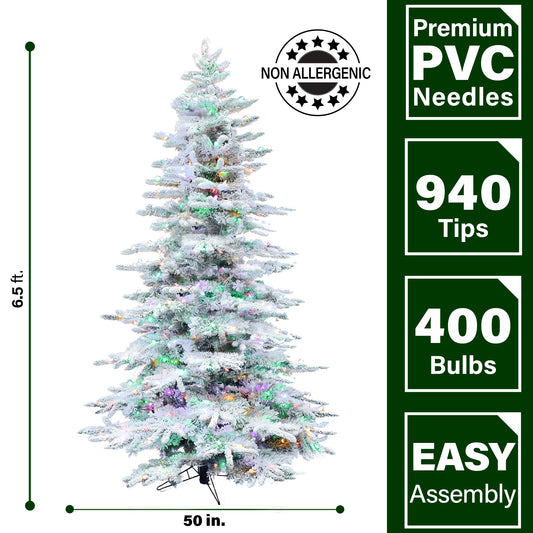 Fraser Hill Farm - 6.5-Ft. Flocked Mountain Pine Christmas Tree with Multi-Color LED String Lighting