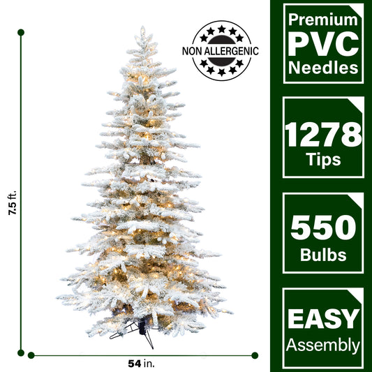 Fraser Hill Farm - 7.5-Ft. Flocked Mountain Pine Christmas Tree with Warm White LED String Lighting