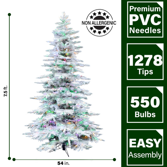 Fraser Hill Farm - 7.5-Ft. Flocked Mountain Pine Christmas Tree with EZ Connect Multi-Color LED Lighting