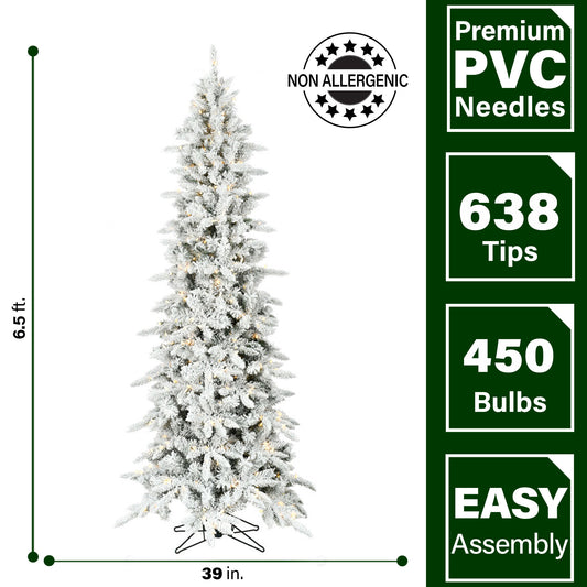Fraser Hill Farm - 6.5-Ft. Slim Mountain Pine Flocked Christmas Tree with Warm White LED Lights
