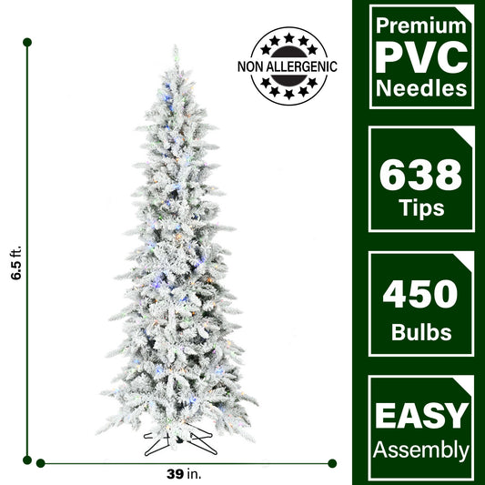 Fraser Hill Farm - 6.5-Ft. Slim Mountain Pine Flocked Christmas Tree with Multicolor LED Lights