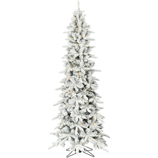 Fraser Hill Farm - 7.5-Ft. Slim Mountain Pine Flocked Christmas Tree with Warm White LED Lights