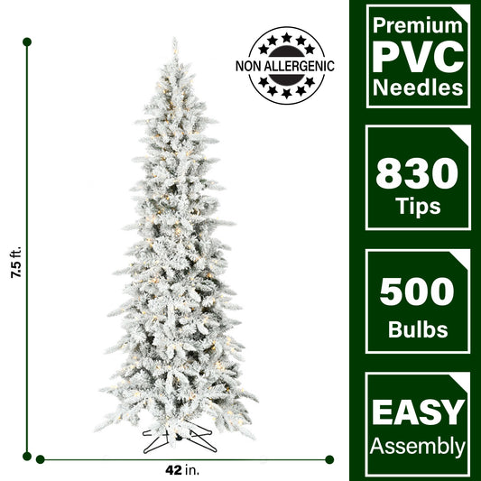 Fraser Hill Farm - 7.5-Ft. Slim Mountain Pine Flocked Christmas Tree with Warm White LED Lights