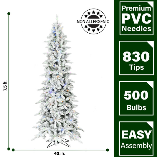 Fraser Hill Farm - 7.5-Ft. Slim Mountain Pine Flocked Christmas Tree with Multicolor LED Lights