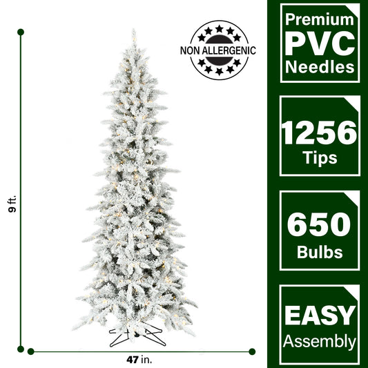 Fraser Hill Farm - 9-Ft. Slim Mountain Pine Flocked Christmas Tree with Warm White LED Lights